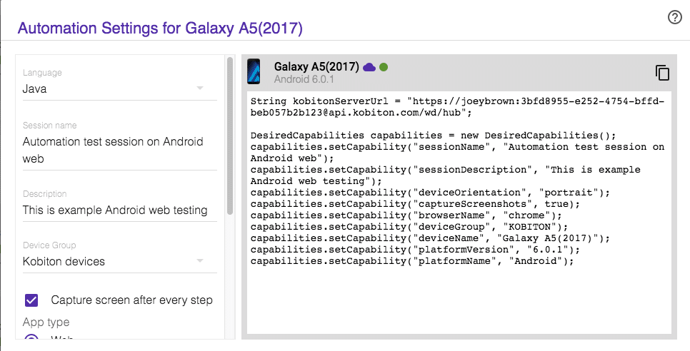 image of automation settings for Galaxy A5(2017) java 