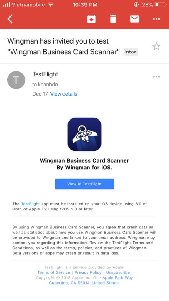 Image of wingman buisness card scanner email