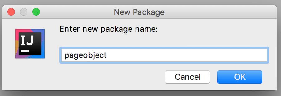 image of naming new package: pageobject
