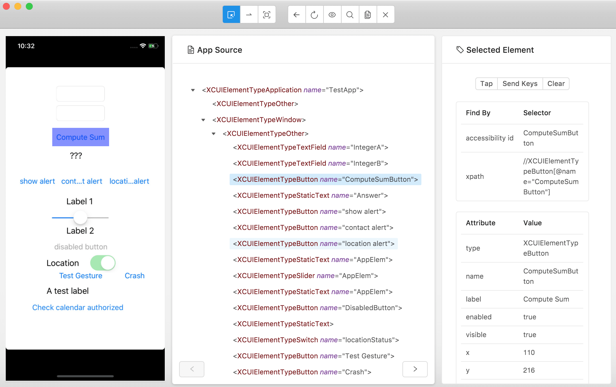 image of locating the selector on Appium Inspector