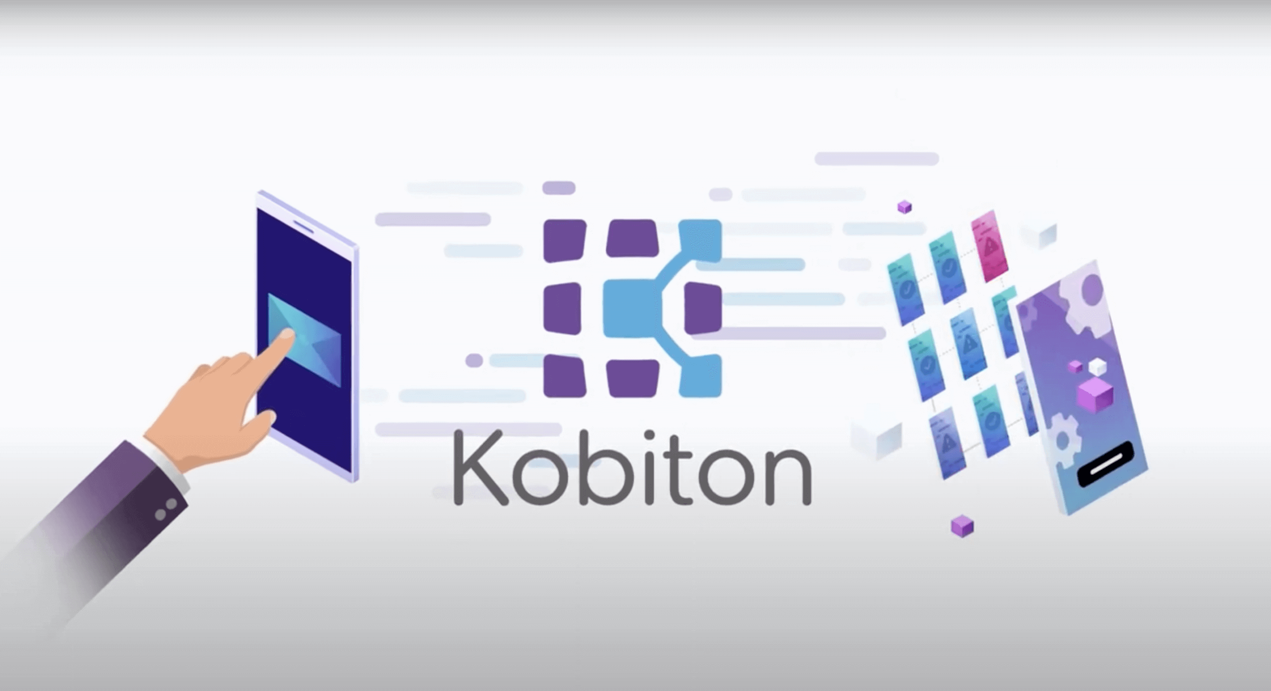 Illustration of a Kobiton logo and a man using an Ipad with it