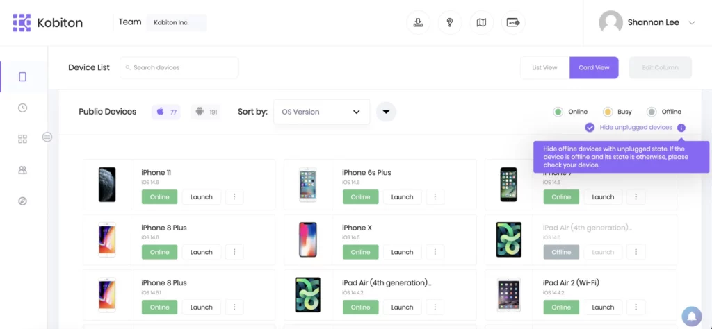 Screen shot of neatly sorted devices on device list page