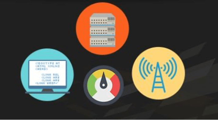 Image of 4 circles on a black box each with an image in them. images left to right: computer, routers, temperature gauge, and cell tower