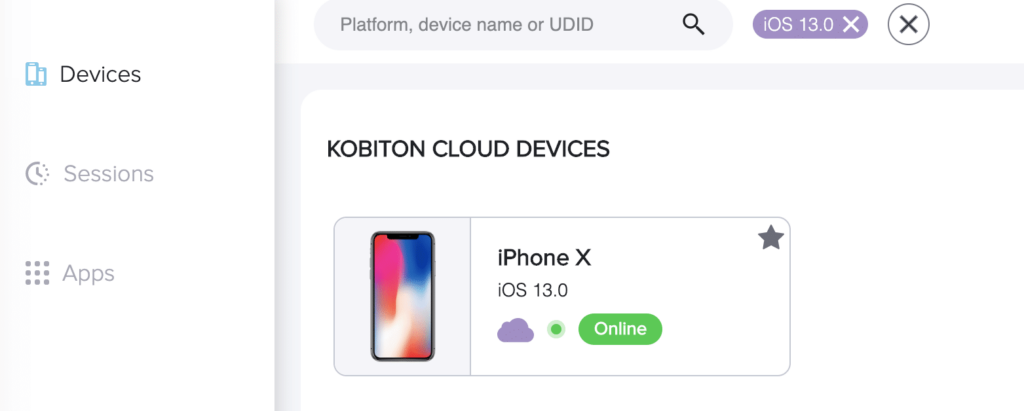 Screen shot of kobiton cloud devices