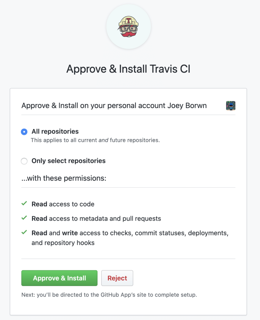 screen shot of approving and installing Travis CI