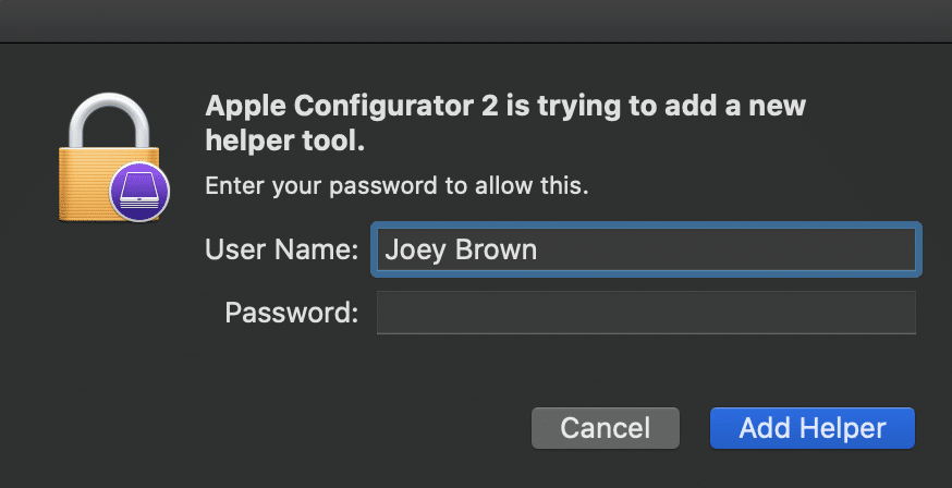 Screen shot of apple configurator login
