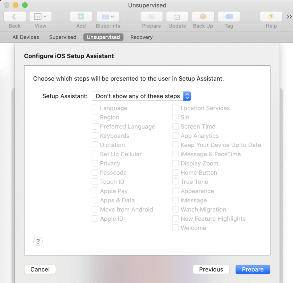 screen shot of configure IOS Setup assistant, don't show any of these steps