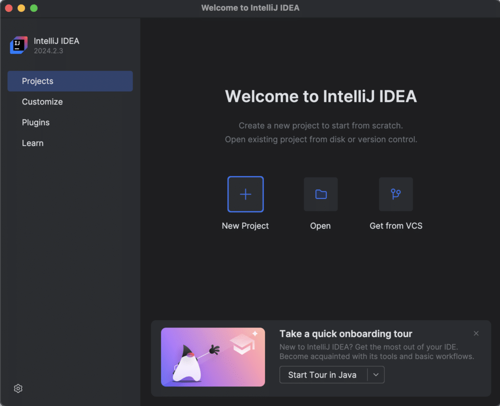 Screenshot of the IntelliJ IDEA welcome screen, showing options to create a new project, open an existing project, or get from version control. A banner at the bottom suggests taking a quick onboarding tour to get started with IntelliJ IDEA