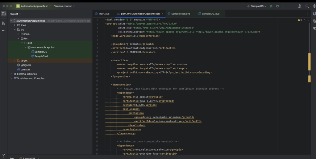 Screenshot showing the project structure in IntelliJ IDEA for an Appium test project. The 'pom.xml' file is open, displaying dependencies for Selenium Java and TestNG, as well as configurations for the Maven project