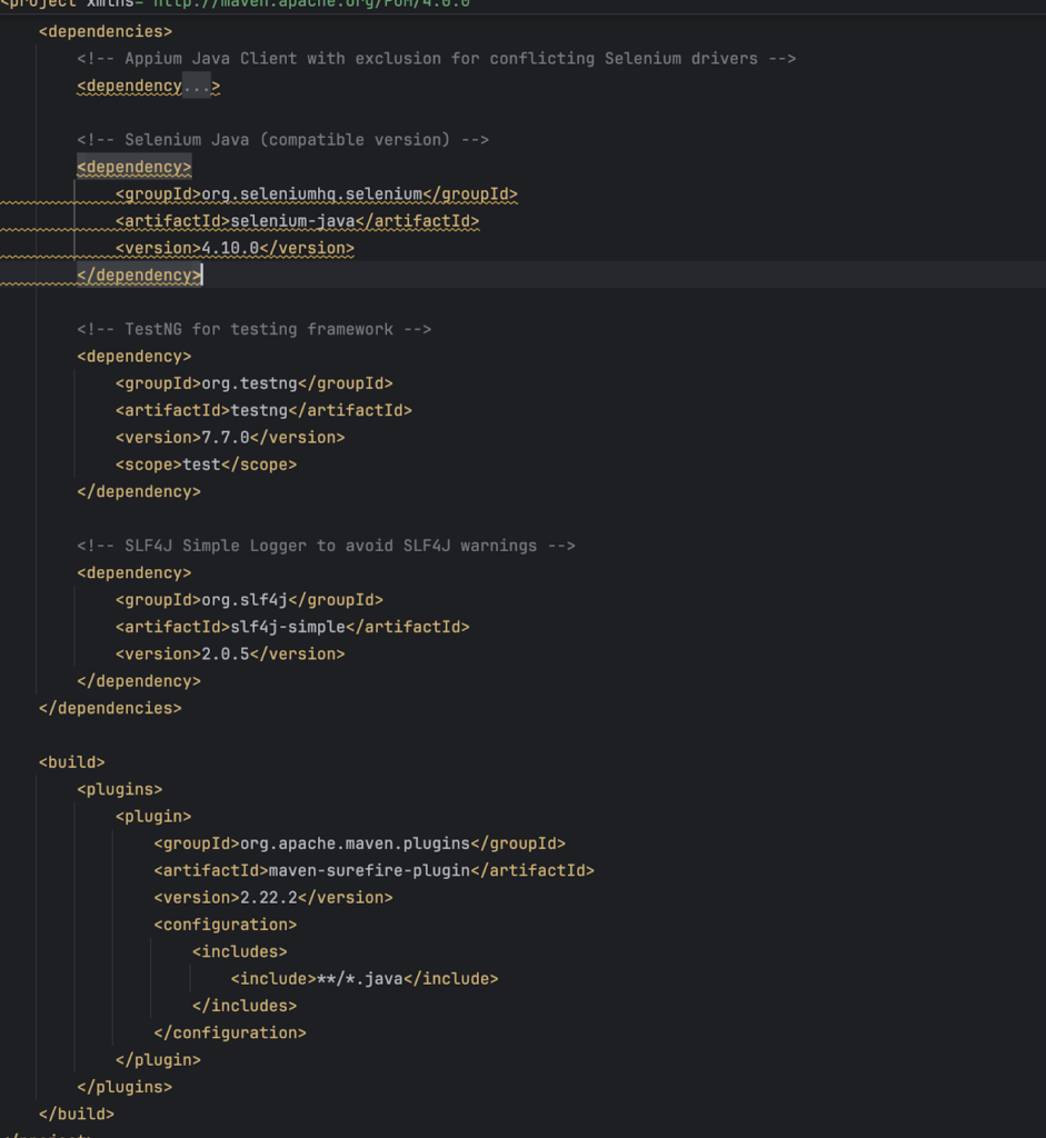 Screenshot of a 'pom.xml' file in IntelliJ IDEA, showing Maven dependencies for Appium Java client, Selenium Java, TestNG, and SLF4J for logging. The Maven Surefire plugin is also configured to include all Java files during the build process