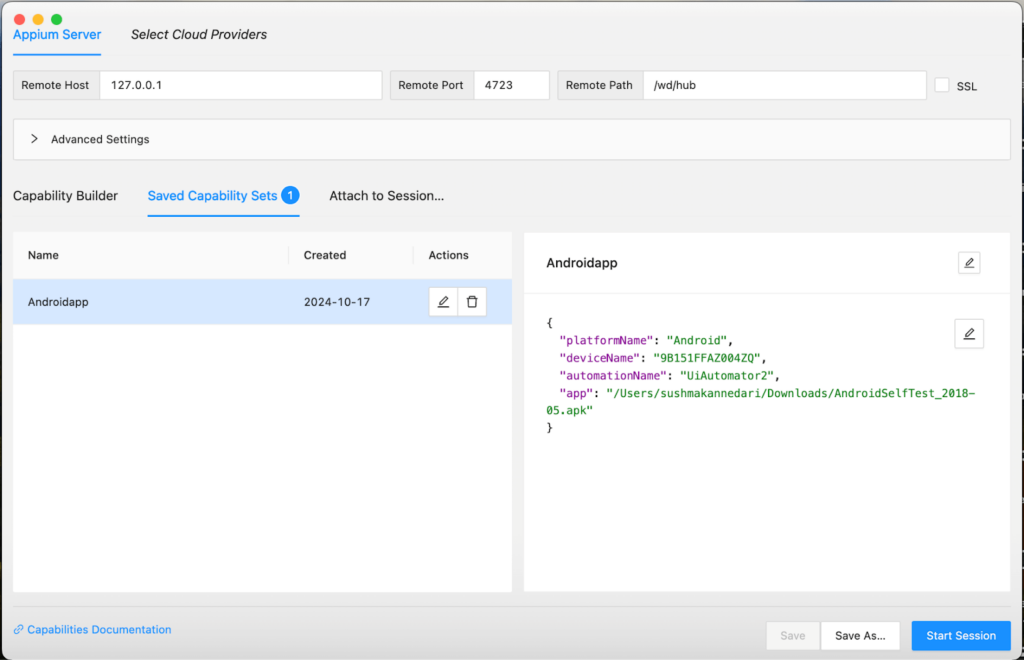 Appium Inspector interface showing saved capability sets for an Android app with platform name, device name, and automation name UIAutomator2.