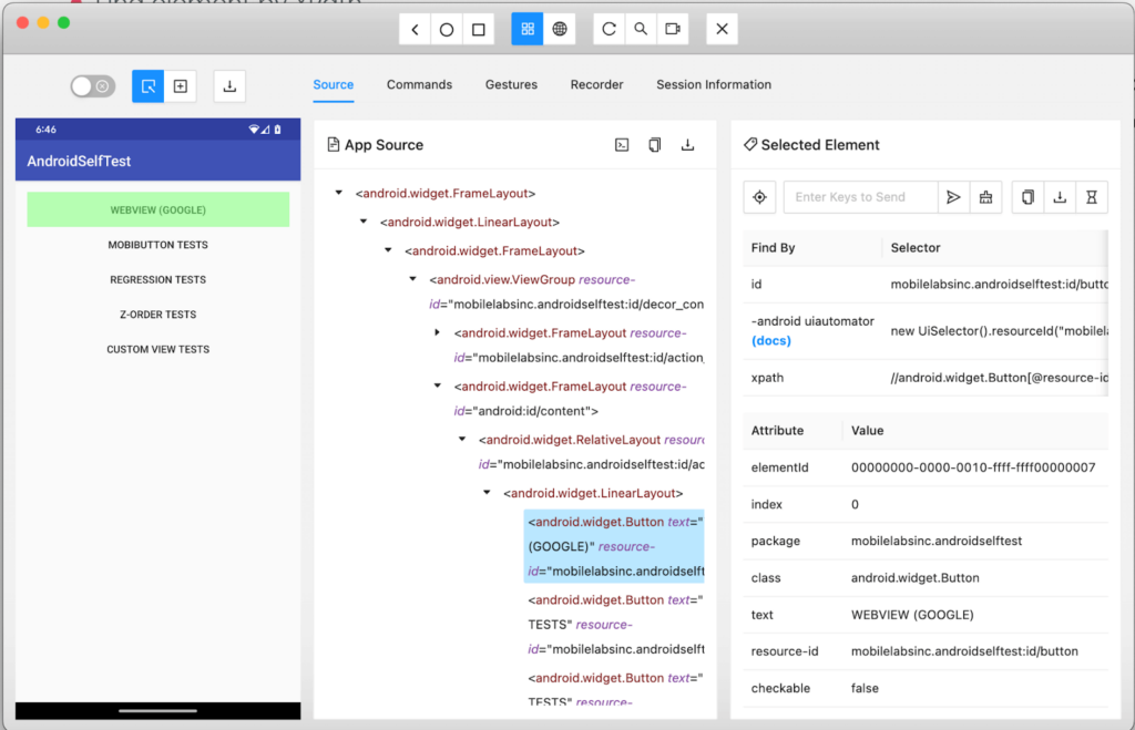 Appium Inspector interface displaying the app source tree for AndroidSelfTest, with the selected element’s attributes and selectors including ID,Xpath,and class.