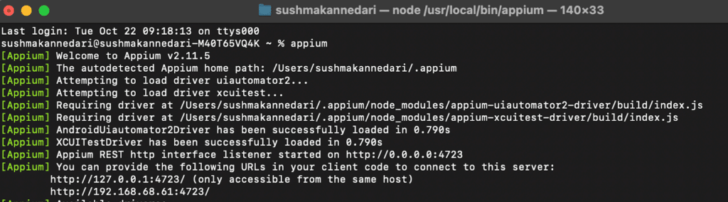 Screenshot of a terminal window showing Appium server running on http://0.0.0.0:4723