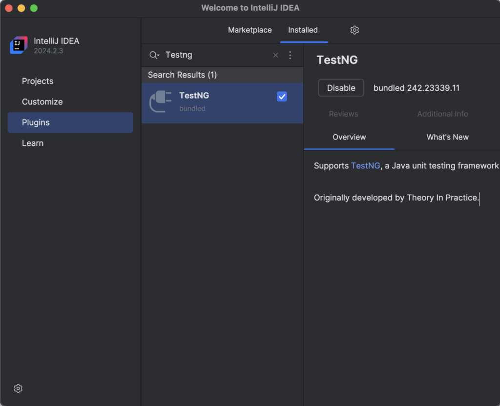 Screenshot showing the TestNG plugin installation in IntelliJ IDEA. The 'Installed' tab is selected, with TestNG listed in the search results and marked as bundled. The 'Disable' option is visible, indicating that the plugin is already installed