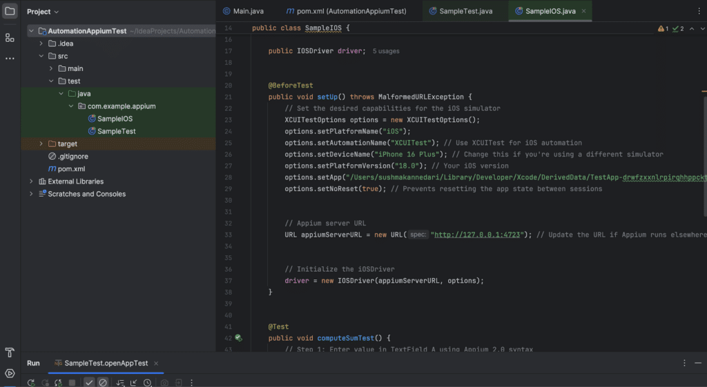 Screenshot of IntelliJ IDEA showing the setup of an iOS test case using the IOSDriver class with XCUITestOptions for iOS automation. The code specifies the iOS platform version, device name, and app path for the test. The project explorer on the left shows the structure of the test files