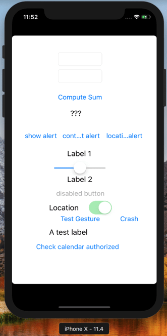 Screenshot of an iOS sample application. The app screen displays various UI elements, including text fields, a 'Compute Sum' button, alerts, labels, a disabled button, a location switch, and other test controls like 'Test Gesture' and 'Crash.