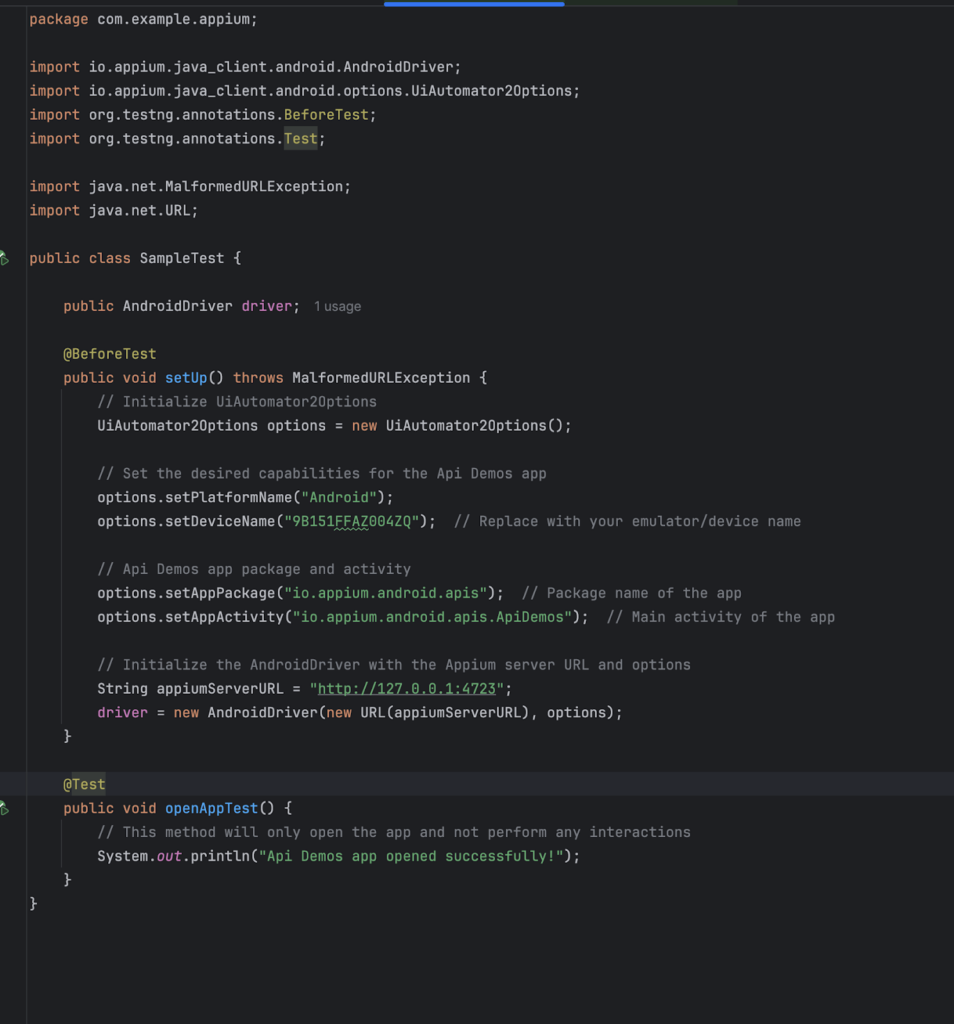 Screenshot of a Java code snippet in IntelliJ IDEA demonstrating AndroidDriver initialization and setting desired capabilities using UiAutomator2Options in an Appium test. The test is configured to open the 'API Demos' app on an Android device. The code includes a setup method annotated with @BeforeTest and a test method annotated with @Test to open the app.