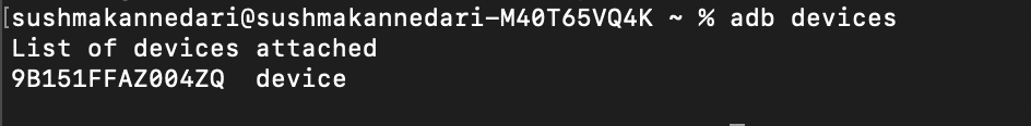 Screenshot of a terminal window showing the result of the command adb devices, listing a connected Android device . The image confirms that the Android device is successfully connected to the system