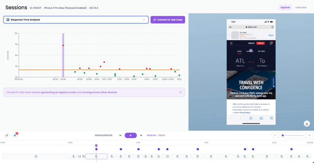 Kobiton Session Explorer showing Response Time Analysis for test steps during Mobile App Performance Testing.