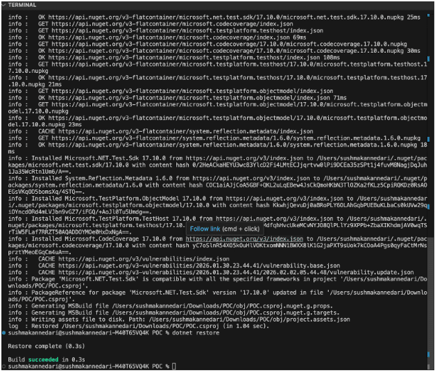 Terminal logs showing successful NuGet package restoration and a green build succeeded message for the .NET POC project.