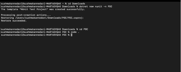 macOS terminal screen displaying dotnet new nunit command to create a new project and opening it in VS Code.
