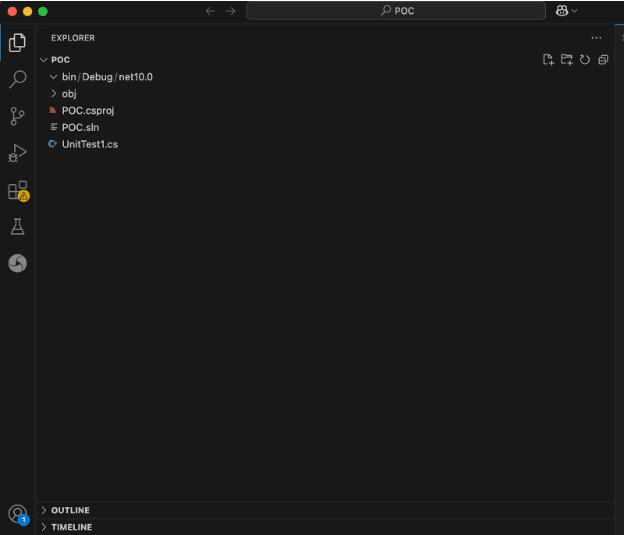 VS Code explorer showing a .NET 10 project structure named POC with NUnit test files like UnitTest1.cs.