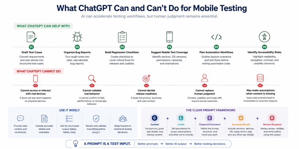 Infographic explaining what ChatGPT can and cannot do for mobile testing, highlighting tasks such as creating test cases, organizing bug reports, planning automation, identifying accessibility risks, and the limitations of validating real-device behavior or replacing human judgment.