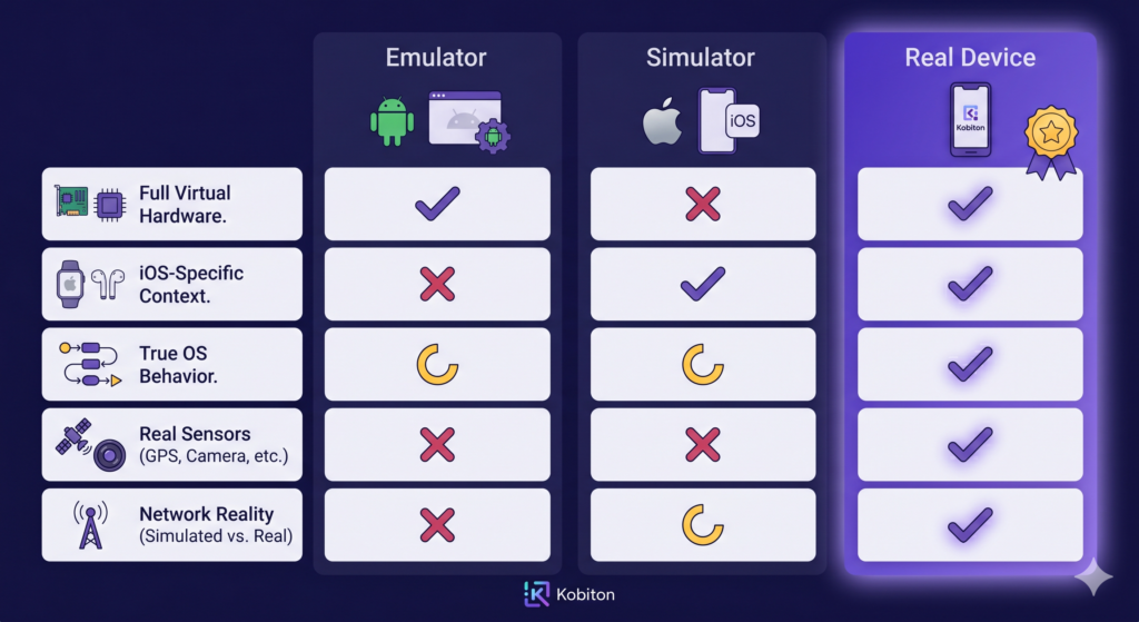 Emulator vs simulator vs real device testing comparison on mobile screen