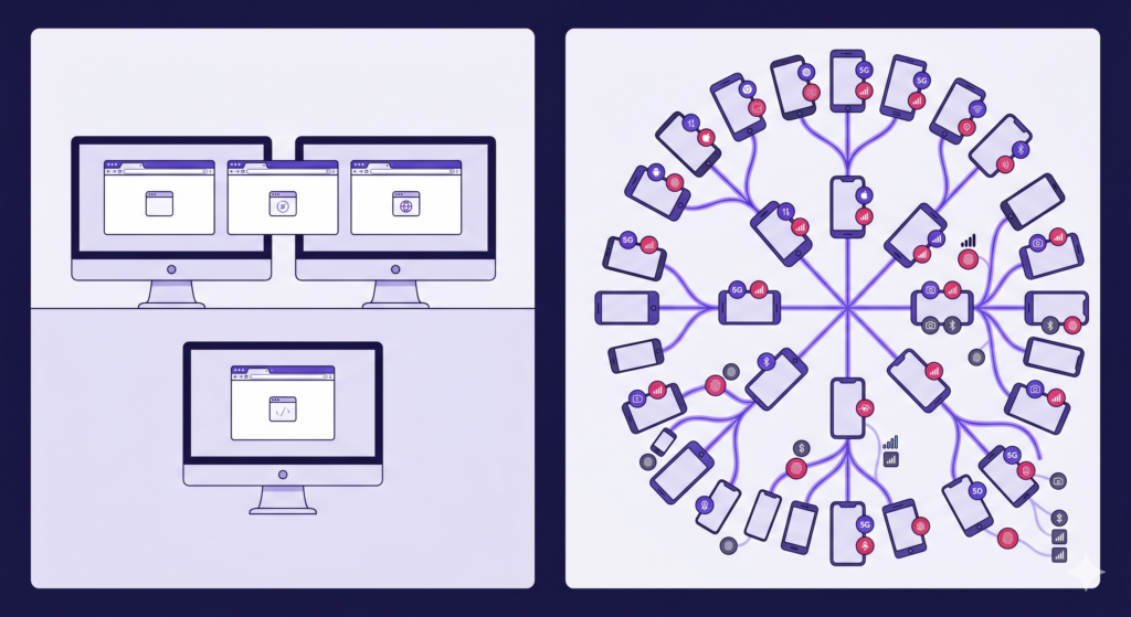Web-vs-mobile complexity shown through desktop and smartphone interface comparison