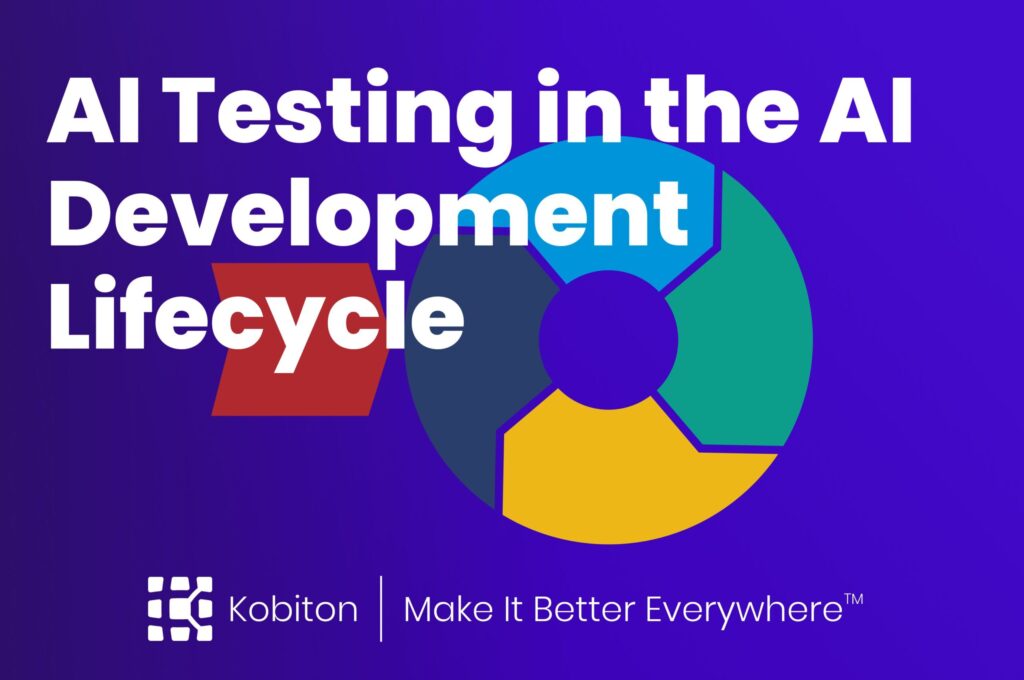 Cover image for a Kobiton blog post titled AI Testing in the AI Development Lifecycle, showing a lifecycle diagram behind the headline.