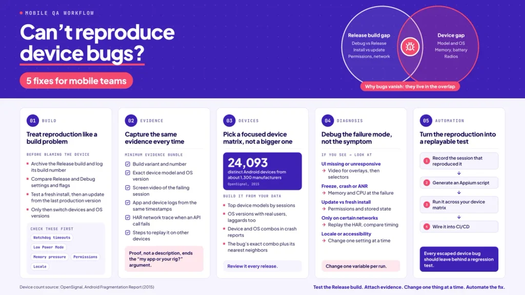 Infographic on why device-specific bugs can't be reproduced and how to fix them